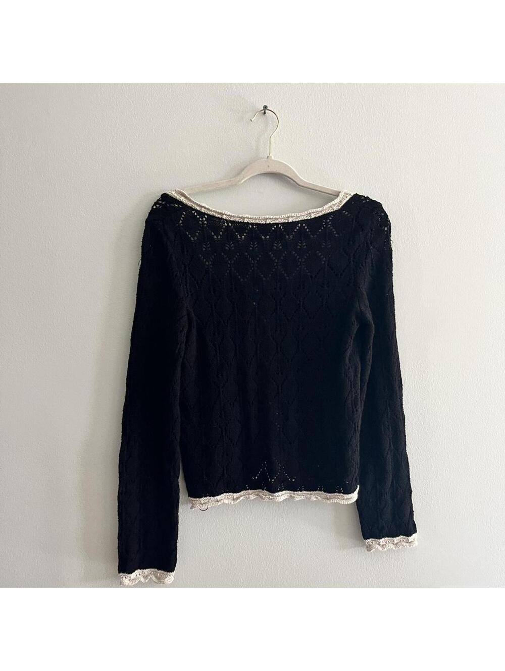Free People Adelene Cardigan in Black with Cream Crotchet Trim - Picture 6 of 6
